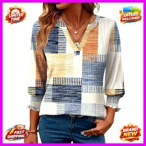 3/4 Sleeve V-Neck Blouse with Ruffle Cuffs, Polyester Blend, Business Casual Top